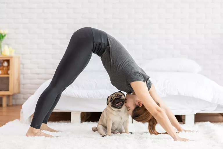 frau macht yoga mit hund