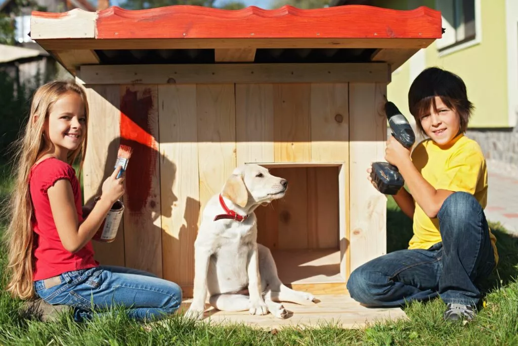 Dvoje djece radi kućicu za pse