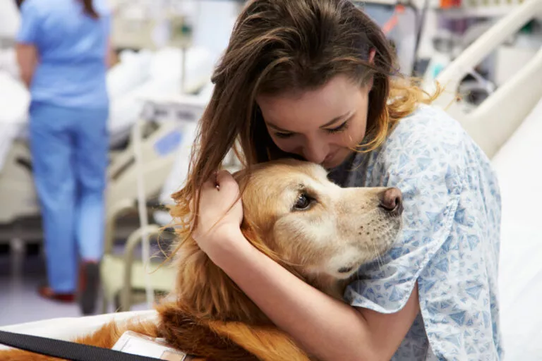 terapijski pas u zagrljaju mlade žene